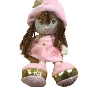 DOLL Emily little doll brown long hair pink gold dress travel friend toy